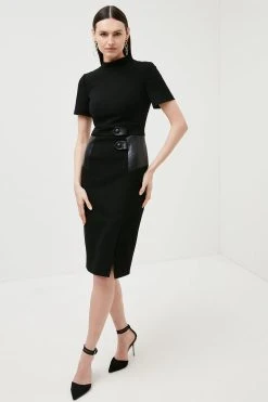 Karen Millen Structured Crepe Pu Contrast Pencil Midi Dress -Karen Millen shop black structured crepe pu contrast pencil midi dress 1