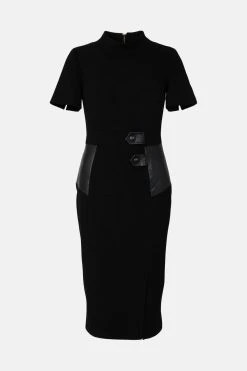 Karen Millen Structured Crepe Pu Contrast Pencil Midi Dress -Karen Millen shop black structured crepe pu contrast pencil midi dress 2