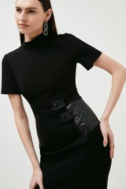 Karen Millen Structured Crepe Pu Contrast Pencil Midi Dress -Karen Millen shop black structured crepe pu contrast pencil midi dress 3