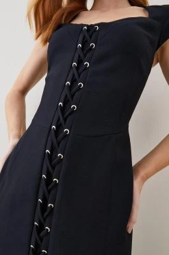 Karen Millen Structured Crepe Tie Front Pencil Midi Dress 9 Karen Millen Structured Crepe Tie Front Pencil Midi Dress -Karen Millen shop black structured crepe tie front pencil midi dress 1 3
