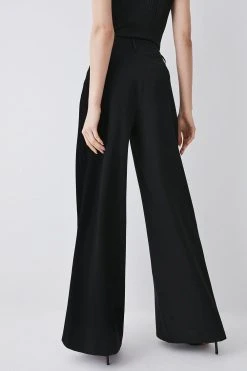 Karen Millen Structured Crepe Wide Leg Trousers -Karen Millen shop black structured crepe wide leg trousers 1 2