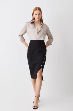 Karen Millen Structured Crepe Wrap Detail Midi Skirt -Karen Millen shop black structured crepe wrap detail midi skirt 3