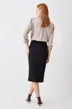 Karen Millen Structured Crepe Wrap Detail Midi Skirt -Karen Millen shop black structured crepe wrap detail midi skirt 4