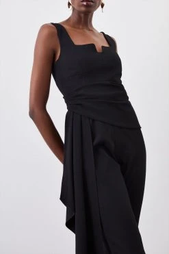Karen Millen Structured Crepe Wrap Drape Detail Jumpsuit -Karen Millen shop black structured crepe wrap drape detail jumpsuit 4