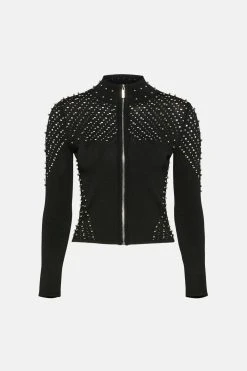 Karen Millen Stud Zip Through Pointelle Cardigan -Karen Millen shop black stud zip through pointelle cardigan 1