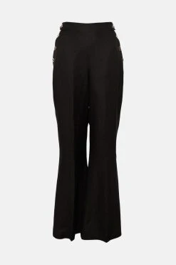 Karen Millen Tailored Linen Blend Button High Waist Trousers -Karen Millen shop black tailored linen blend button high waist trousers 1