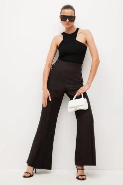 Karen Millen Tailored Linen Blend Button High Waist Trousers -Karen Millen shop black tailored linen blend button high waist trousers 2