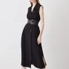Karen Millen Tailored Strong Shoulder Belted Midi Dress -Karen Millen shop black tailored strong shoulder belted midi dress