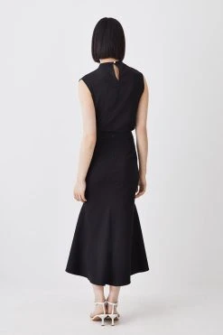 Karen Millen Tall Compact Stretch High Low Midi Skirt -Karen Millen shop black tall compact stretch high low midi skirt 1