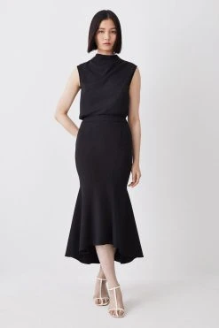 Karen Millen Tall Compact Stretch High Low Midi Skirt -Karen Millen shop black tall compact stretch high low midi skirt 4