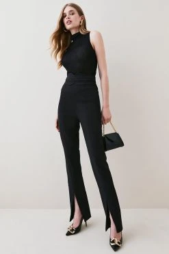 Karen Millen Tall Compact Stretch High Rise Split Hem Trouser -Karen Millen shop black tall compact stretch high rise split hem trouser 1