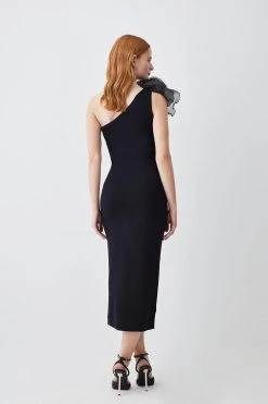 Karen Millen Tall One Shoulder Organza Flower Detail Knit Midi Dress -Karen Millen shop black tall one shoulder organza flower detail knit midi dress 1