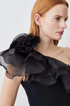 Karen Millen Tall One Shoulder Organza Flower Detail Knit Midi Dress -Karen Millen shop black tall one shoulder organza flower detail knit midi dress 3
