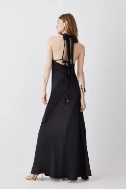 Karen Millen Tall Satin Mix Cowl Neck Maxi Dress -Karen Millen shop black tall satin mix cowl neck maxi dress 1 2