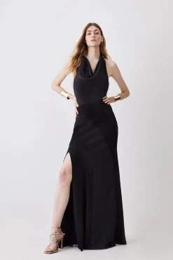 Karen Millen Tall Satin Mix Cowl Neck Maxi Dress -Karen Millen shop black tall satin mix cowl neck maxi dress 1 4