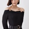 Karen Millen Tall Structured Crepe Off Shoulder Belted Pencil -Karen Millen shop black tall structured crepe off shoulder belted pencil