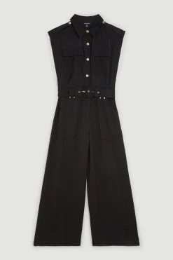 Karen Millen Tall Topstitch Belted Linen Viscose Jumpsuit