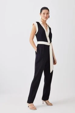 Karen Millen Tall Twill Button Detail Woven Wrap Jumpsuit -Karen Millen shop black tall twill button detail woven wrap jumpsuit 1