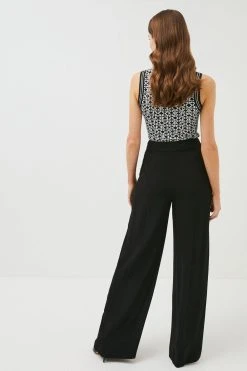 Karen Millen Tall Viscose Satin Back Crepe Wide Leg Trouser -Karen Millen shop black tall viscose satin back crepe wide leg trouser 1