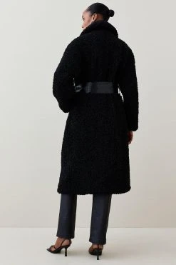 Karen Millen Teddy Longline PU Belted Coat -Karen Millen shop black teddy longline pu belted coat 4
