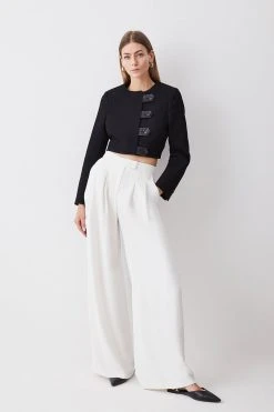 Karen Millen Textured Faux Leather Trim Crop Jacket -Karen Millen shop black textured faux leather trim crop jacket 2