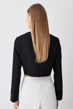 Karen Millen Textured Faux Leather Trim Crop Jacket -Karen Millen shop black textured faux leather trim crop jacket 3