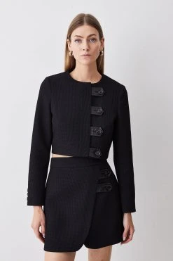 Karen Millen Textured Faux Leather Trim Crop Jacket -Karen Millen shop black textured faux leather trim crop jacket 5