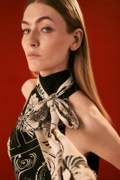 Karen Millen The Founder Koi Printed Tie Neck Woven Blouse -Karen Millen shop black the founder koi printed tie neck woven blouse 2