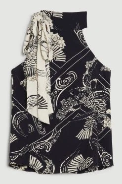 Karen Millen The Founder Koi Printed Tie Neck Woven Blouse -Karen Millen shop black the founder koi printed tie neck woven blouse 3
