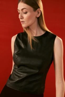 Karen Millen The Founder Leather Washed Shell Top -Karen Millen shop black the founder leather washed shell top 2