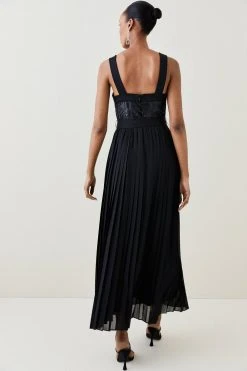 Karen Millen Top Stitch Velvet Satin Sleeved Woven Midi Dress 10 Karen Millen Top Stitch Velvet Satin Sleeved Woven Midi Dress -Karen Millen shop black top stitch velvet satin sleeved woven midi dress 3