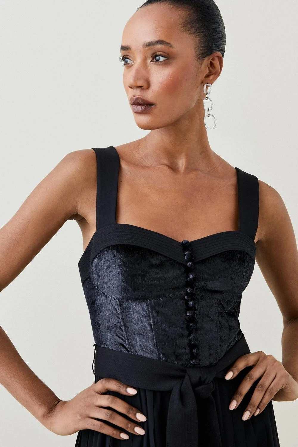 Karen Millen Top Stitch Velvet Satin Sleeved Woven Midi Dress 3 Karen Millen Top Stitch Velvet Satin Sleeved Woven Midi Dress