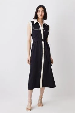 Karen Millen Twill Button Through Woven Midi Shirt Dress -Karen Millen shop black twill button through woven midi shirt dress 2