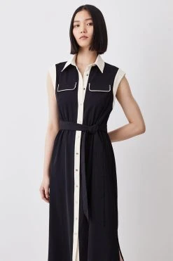 Karen Millen Twill Button Through Woven Midi Shirt Dress -Karen Millen shop black twill button through woven midi shirt dress 3