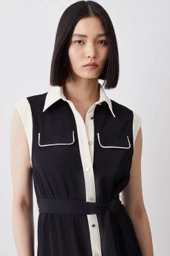 Karen Millen Twill Button Through Woven Midi Shirt Dress -Karen Millen shop black twill button through woven midi shirt dress 4