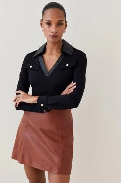 Karen Millen V Neck Pu Collared Top -Karen Millen shop black v neck pu collared top 1