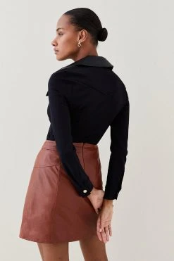 Karen Millen V Neck Pu Collared Top -Karen Millen shop black v neck pu collared top 2