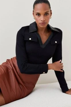 Karen Millen V Neck Pu Collared Top -Karen Millen shop black v neck pu collared top 3