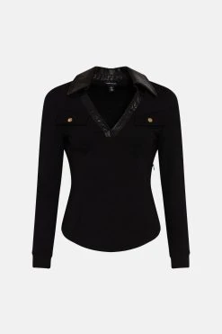 Karen Millen V Neck Pu Collared Top -Karen Millen shop black v neck pu collared top 4