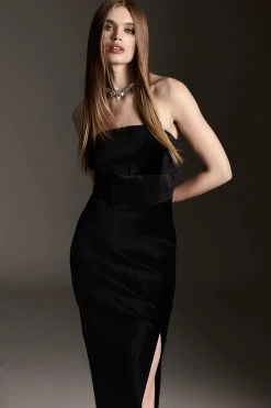 Karen Millen Velvet Corset Bodice Bandeau Midi Dress -Karen Millen shop black velvet corset bodice bandeau midi dress 3