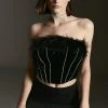 Karen Millen Velvet Diamante Seam Feather Crop Top
