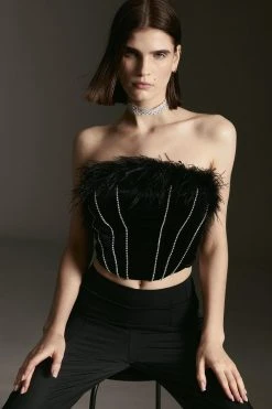 Karen Millen Velvet Diamante Seam Feather Crop Top