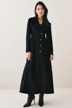 Karen Millen Velvet Longline Coat -Karen Millen shop black velvet longline coat 1 2