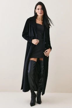 Karen Millen Velvet Longline Coat -Karen Millen shop black velvet longline coat 1 3