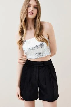 Karen Millen Velvet Tailored Shorts -Karen Millen shop black velvet tailored shorts 1 4