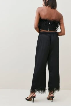 Karen Millen Viscose Satin Back Crepe Feather Hem Trouser -Karen Millen shop black viscose satin back crepe feather hem trouser 1