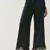 Karen Millen Viscose Satin Back Crepe Feather Hem Trouser -Karen Millen shop black viscose satin back crepe feather hem trouser