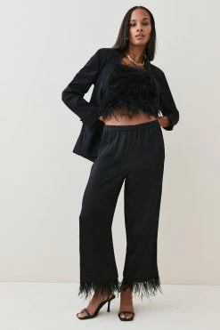 Karen Millen Viscose Satin Back Crepe Feather Hem Trouser -Karen Millen shop black viscose satin back crepe feather hem trouser 2