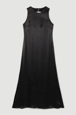 Karen Millen Viscose Satin Column Midi Dress -Karen Millen shop black viscose satin column midi dress 2