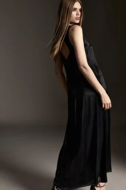 Karen Millen Viscose Satin Column Midi Dress -Karen Millen shop black viscose satin column midi dress 5